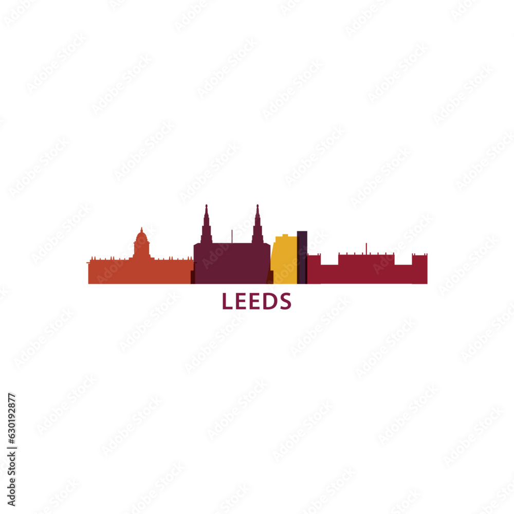 UK England Leeds cityscape skyline capital city panorama vector flat modern logo icon. United Kingdom West Yorkshire emblem idea with landmarks and building silhouettes