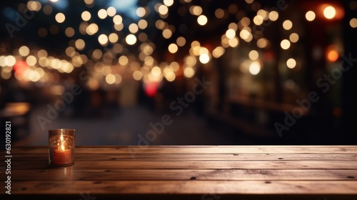 Empty brown wooden tables and bokeh lights blurred outdoor cafe abstract background of restaurant lighting where people enjoy eating can be used for montages or to display your products.