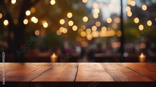 Empty brown wooden tables and bokeh lights blurred outdoor cafe  abstract background of restaurant lighting where people enjoy eating can be used for montages or to display your products.