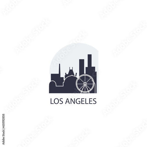 USA United States Los Angeles cityscape skyline capital city panorama vector flat modern logo icon. US California American county emblem idea with landmarks and building silhouette at sunset sunrise