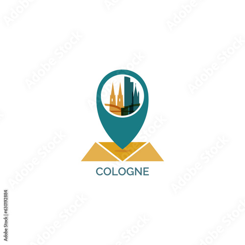 Germany, Cologne map pin point, geolocation, skyline shape vector logo, icon, isolated illustration. Web city emblem with landmarks and buildings