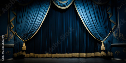 Theater stage with blue curtains 3d illustration,blue fabric 