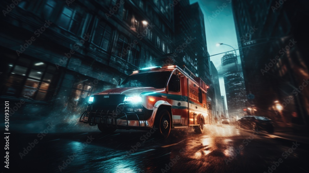 Fototapeta premium An ambulance rushing through the night city street. Generative AI