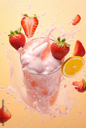 top view of strawberry smoothie splash in air.