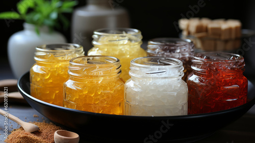 Variety of sweeteners - Stevia, sugar, pollen and honey. photo