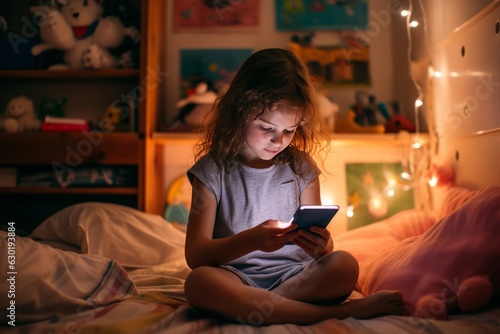 A kid setting in her room, having fun playing a game on her smartphone.