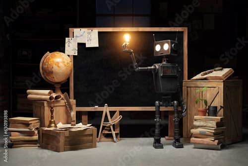 Humanoid robot with a lamp at the blackboard. Classroom interior with educational subjects. The concept of the future of artificial intelligence and the 4th fourth industrial revolution.