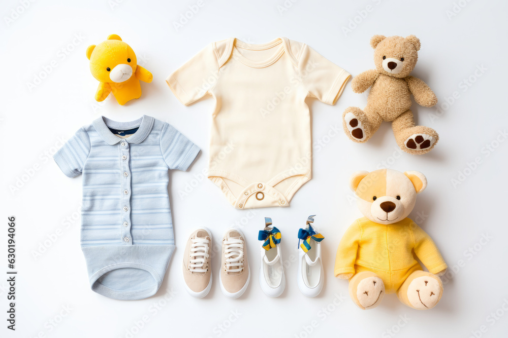 Cute baby clothes for boy and girl, rattle, bottle and dummy space in ...