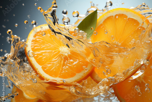 close up of sliced orange juice splash in air..