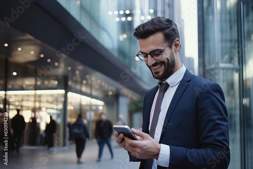 A smiling businessman in fashion clothes using a smartphone, commuting to work in the city.