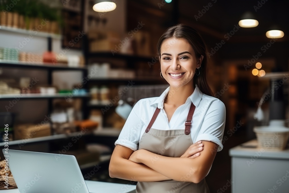 Portrait Cheerful female store owner with a laptop, side view, blurred stationery store background.
