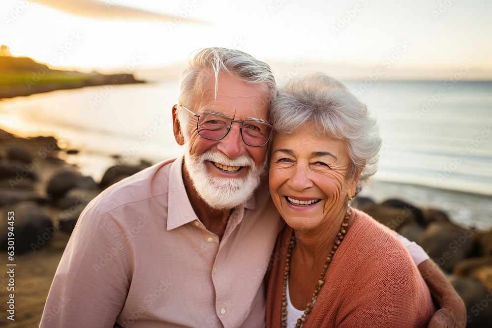 Portrait of 2 Happy seniors enjoying their golden years of retirement with a beach sunset.