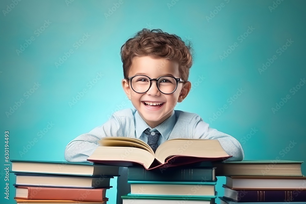 portrait of a happy child little boy with glasses sitting on a stack of books and reading a books, light blue background. portrait of a happy child little boy with glasses sitting on a stack of books and reading a books, light blue background.