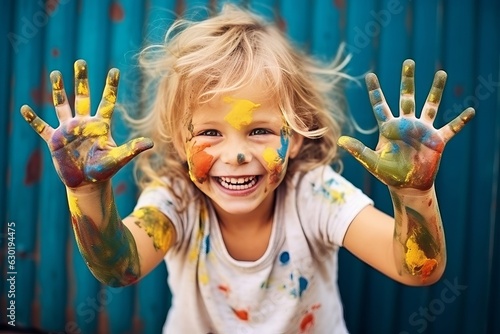 portrait of a funny child girl shows hands dirty with paint.