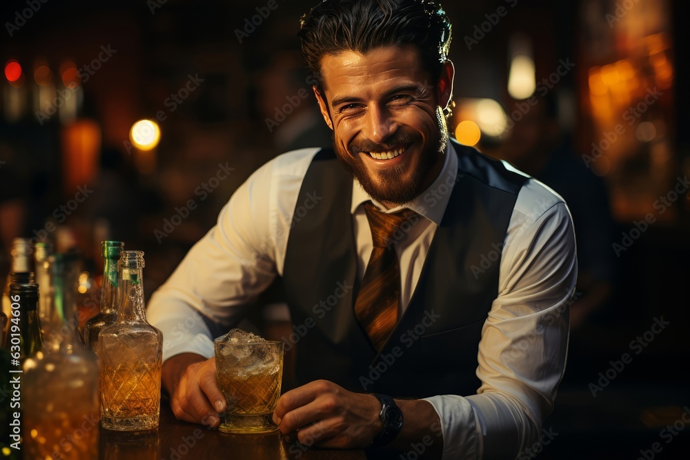 portrait smiling bartender mixes a cocktail in a shaker. portrait smiling bartender mixes a cocktail in a shaker.