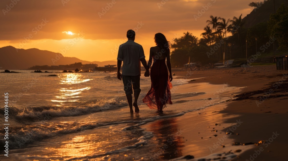 sunset beach with couple holding hands.