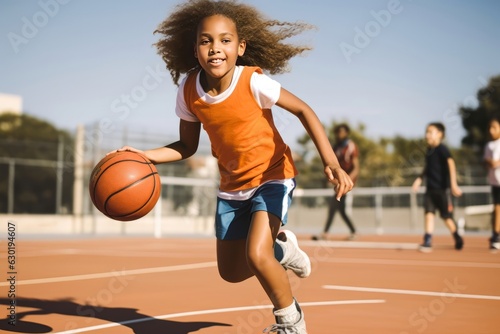 Pre-adolescent girl dribbling ball at sports court.