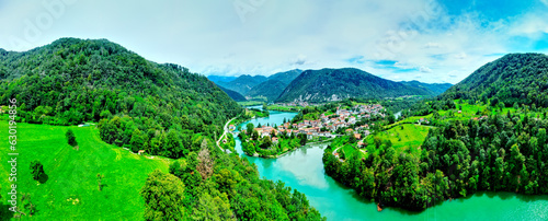 Foto Aerial panoramic view on Most na Soci (Most na Soči) is a town in the Municipality of Tolmin in the Littoral region of Slovenia