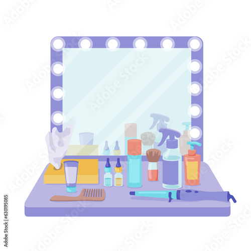 Dressing table with mirror and hair products vector illustration. Cartoon drawing of comb, hairsprays in bottles, hair oil, curling iron. Beauty, skincare, cosmetology, hairdressing concept