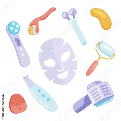 Different facial tools for skincare vector illustrations set. Collection of cartoon drawings of face massagers, face mask, roller, trimmer, microcurrent devices. Beauty, skincare, cosmetology concept