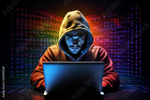 Hacker on a Laptop, a Man Wearing a Hood on a Laptop, Image Made Up of Colorful Binary Code, Hacker Terminal Style Image, Cyber-Criminal Concept, Generative AI