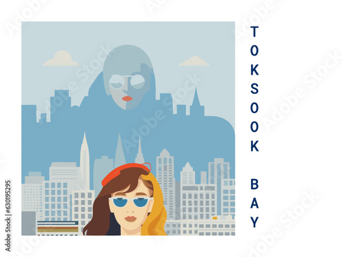Square flat design tourism poster with a cityscape illustration of Toksook Bay (United States)