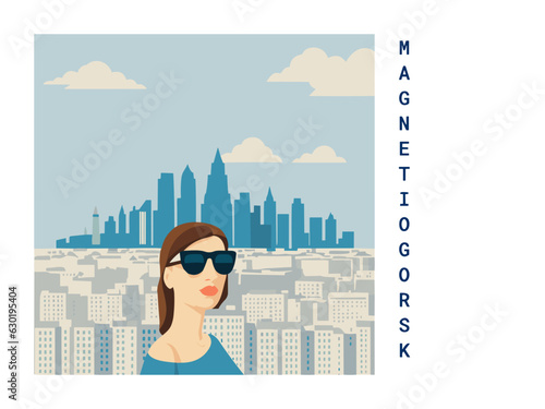 Square flat design tourism poster with a cityscape illustration of Magnetiogorsk (Russia)