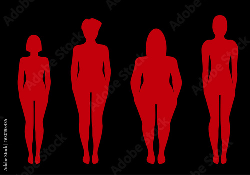 Cuatro siluetas de mujeres de complexión distinta en rojo sobre fondo negro. Violencia de género. Mujeres víctimas
