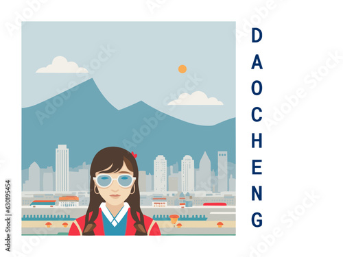 Square flat design tourism poster with a cityscape illustration of Daocheng (China)
