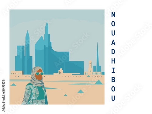 Square flat design tourism poster with a cityscape illustration of Nouadhibou (Mauritania)