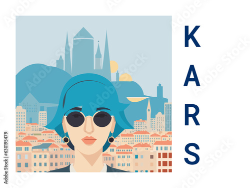 Square flat design tourism poster with a cityscape illustration of Kars (Turkey)