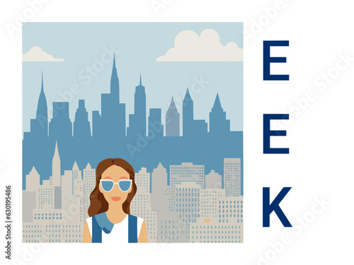 Square flat design tourism poster with a cityscape illustration of Eek (United States)
