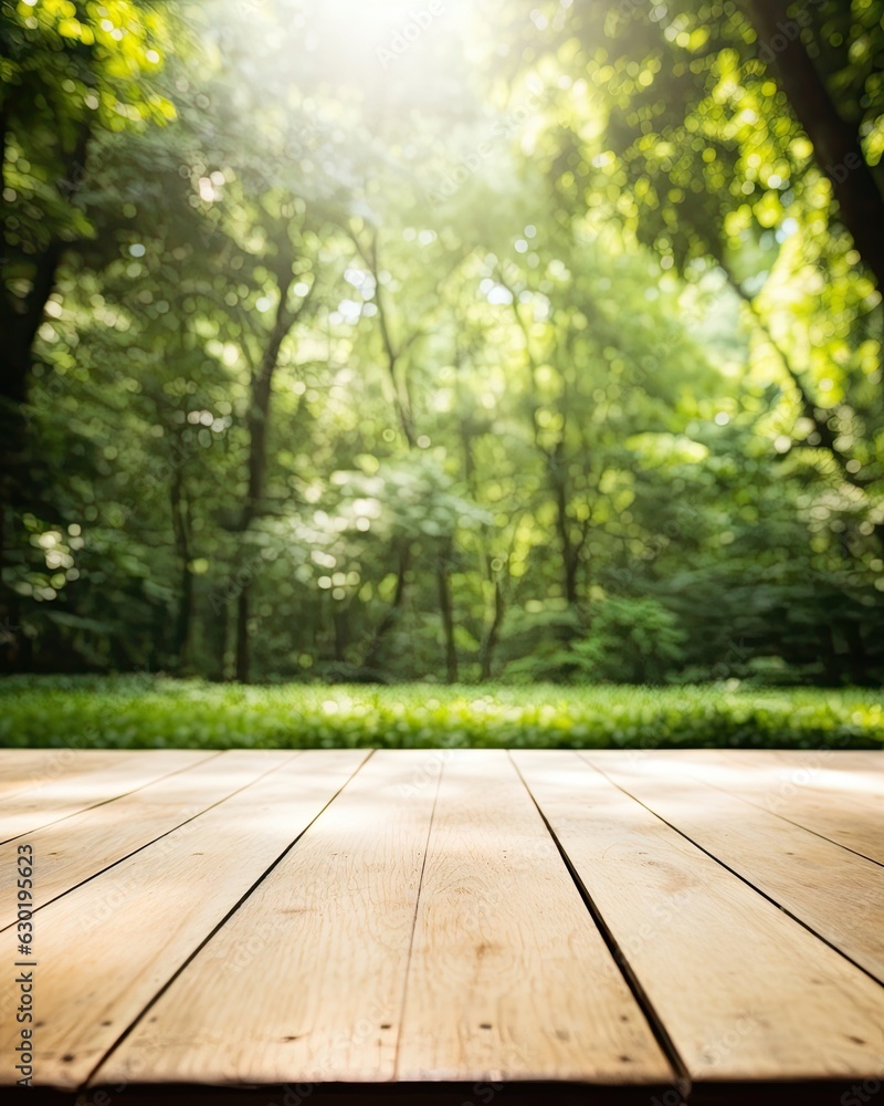 The exuberant image features an empty wooden plank table. (Generative AI) The exuberant image features an empty wooden plank table. (Generative AI)