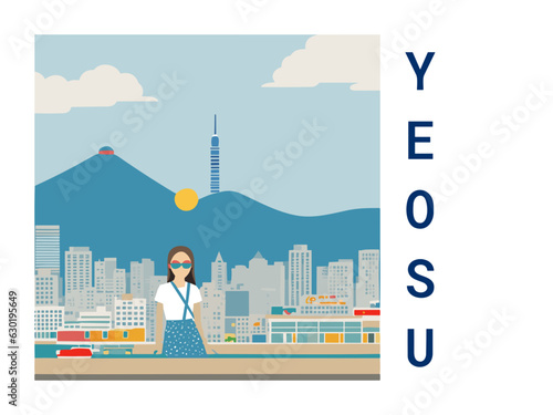 Square flat design tourism poster with a cityscape illustration of Yeosu (South Korea)