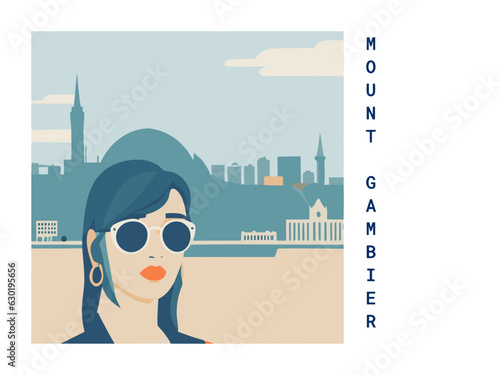 Square flat design tourism poster with a cityscape illustration of Mount Gambier (Australia)