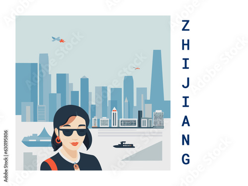 Square flat design tourism poster with a cityscape illustration of Zhijiang (China)