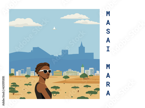 Square flat design tourism poster with a cityscape illustration of Masai Mara (Kenya)