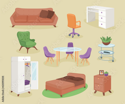 Furniture for different apartment rooms vector illustrations set. Collection of cartoon drawings of sofa, chairs, dinner table, desk, bed, bedside cabinet, wardrobe. Furniture, interior design concept