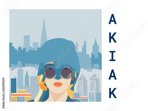 Square flat design tourism poster with a cityscape illustration of Akiak (United States)