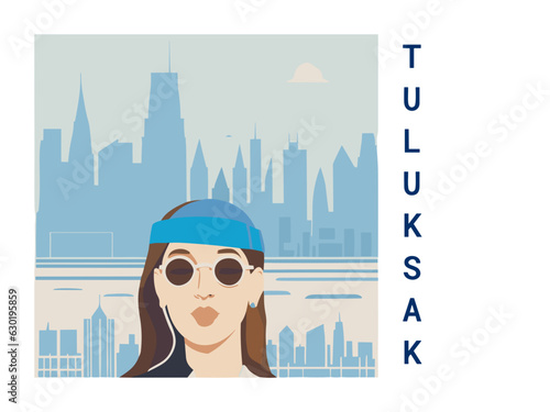 Square flat design tourism poster with a cityscape illustration of Tuluksak (United States)