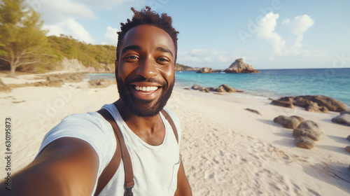 Portrait of male tourist taking selfie and walking on the beach. AI Generated.