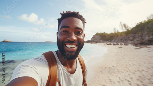 Portrait of male tourist taking selfie and walking on the beach. AI Generated. © ShniDesign