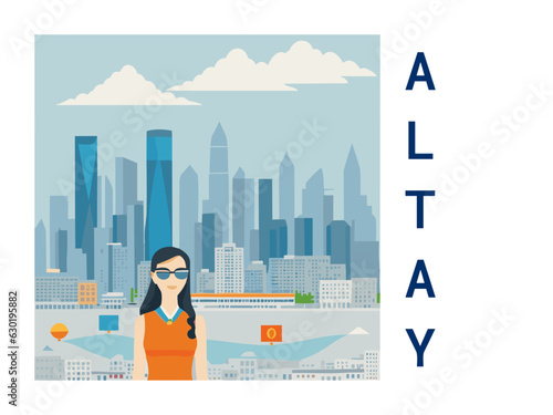 Square flat design tourism poster with a cityscape illustration of Altay (China)