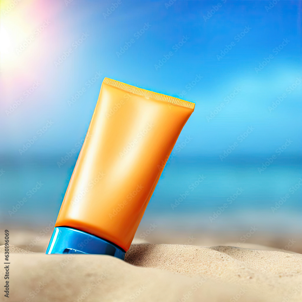 Sunblock Cream Tube On Summer Beach Advertisement    Generative AI design.
