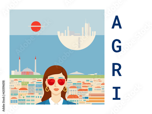 Square flat design tourism poster with a cityscape illustration of Agri (Turkey)