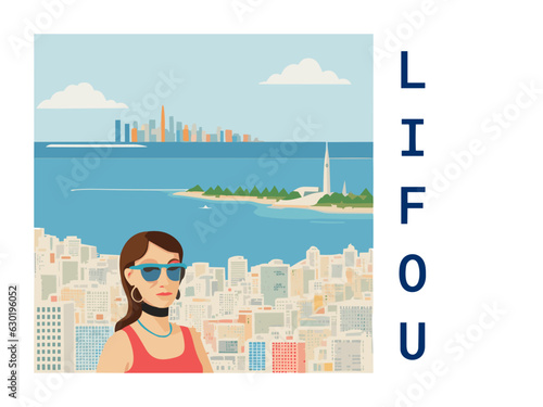 Square flat design tourism poster with a cityscape illustration of Lifou (New Caledonia) photo