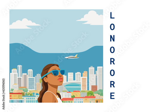 Square flat design tourism poster with a cityscape illustration of Lonorore (Vanuatu)