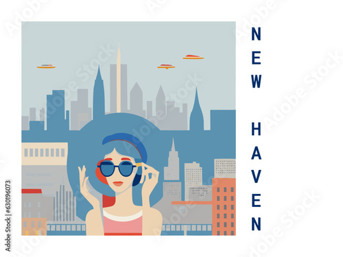Square flat design tourism poster with a cityscape illustration of New Haven (United States)