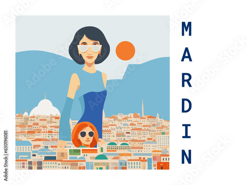 Square flat design tourism poster with a cityscape illustration of Mardin (Turkey)