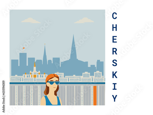 Square flat design tourism poster with a cityscape illustration of Cherskiy (Russia)